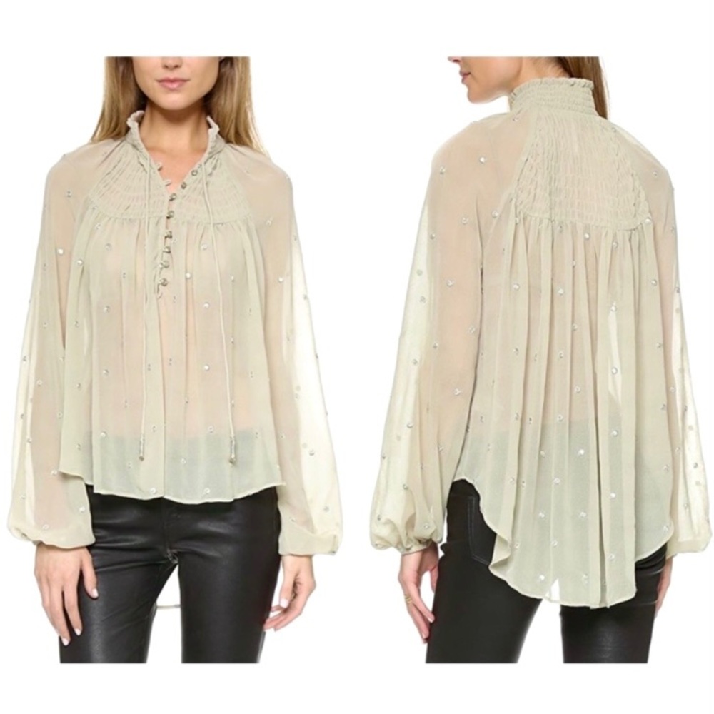 Free People Ready To Run Blouse Women’s Size S Smocked Embroidered Peasant Sheer